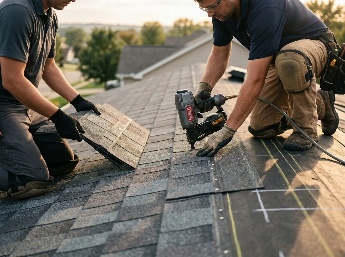 Professional roofer working on a residential roof in Crozet